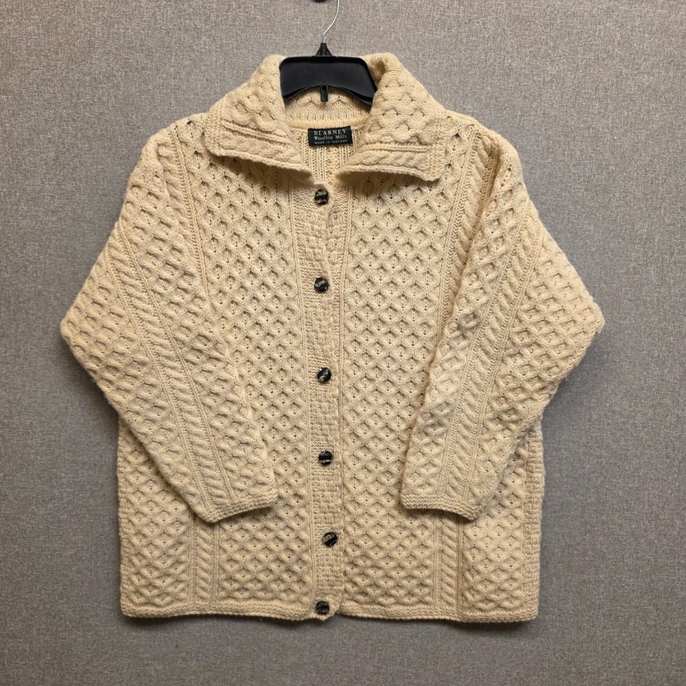 Blarney Woollen Mills Aran Cardigan Cream Cable Knit Irish Heritage Old Money